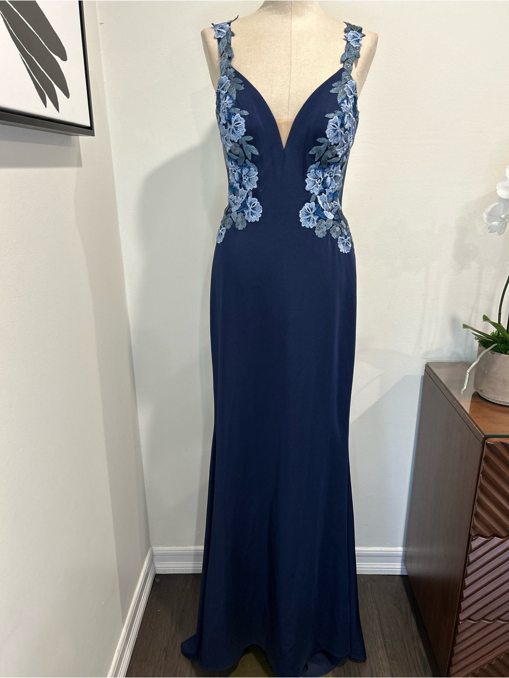Faviana Navy Evening Gown with Light Blue Floral Appliqué